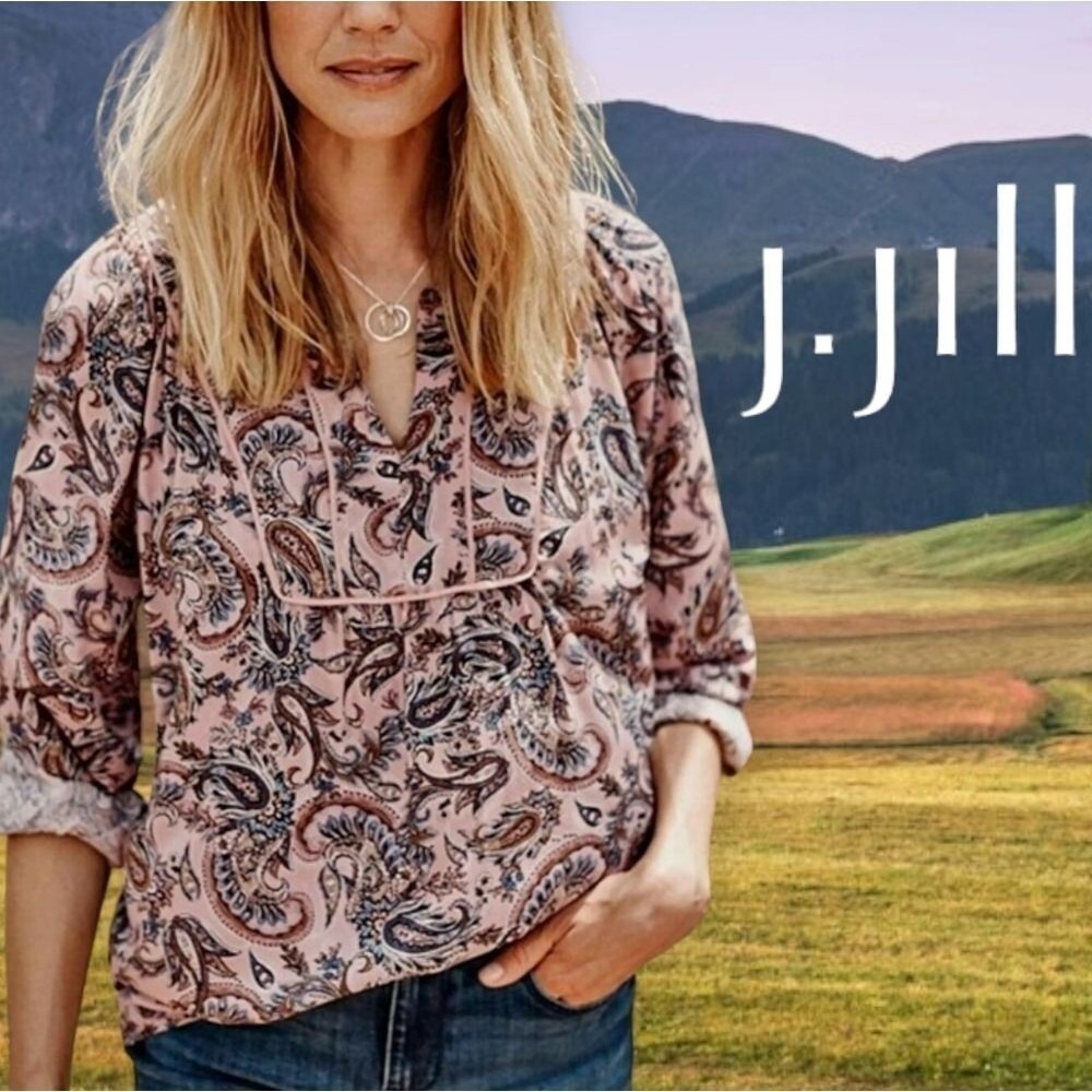 J. Jill Blouse Womens Paisley Floral LS Split Neck Peasant Top Pink Tan Blue L